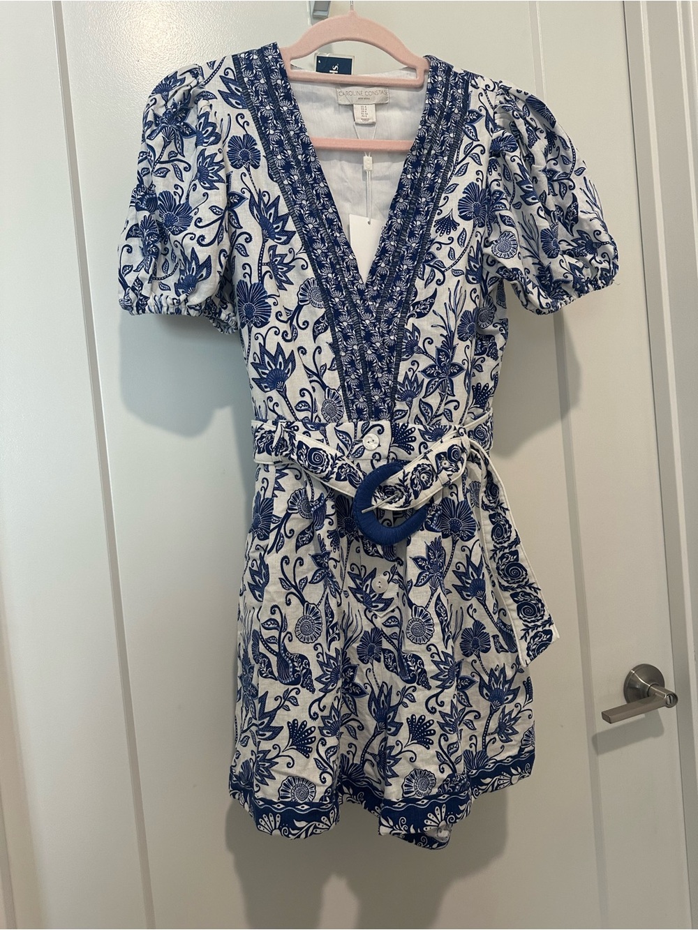 Caroline Constas Romper Playsuit Linen Blend Puff-Sleeve Belted Blue Floral SZ 4